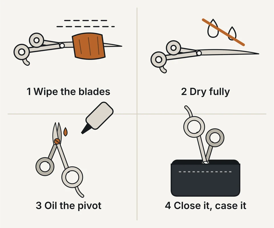 Four steps: wipe the blades, dry them fully, oil the pivot, then close the shear and store it in a case.