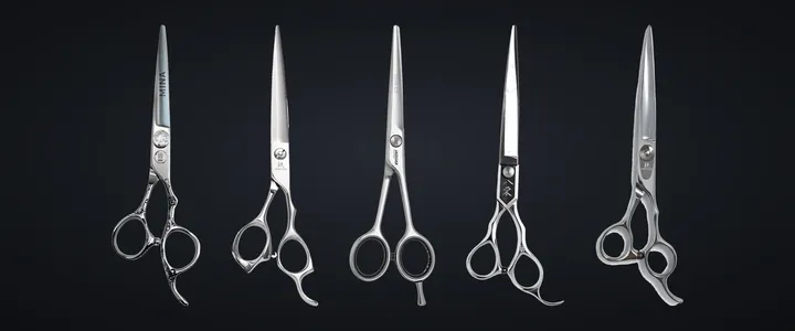 Five 7.0 inch barber cutting scissors for scissor-over-comb work, side by side
